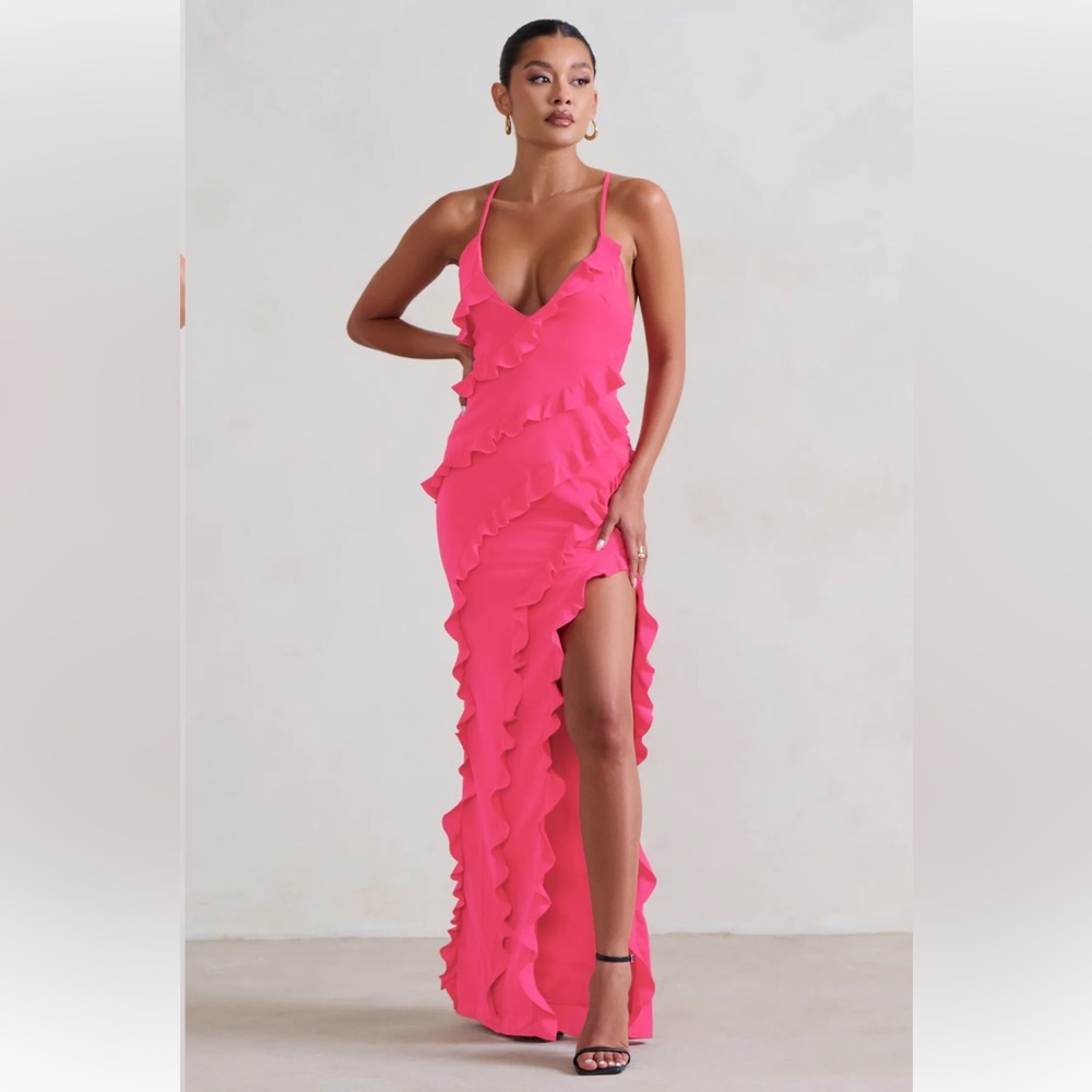 Club L RUN THE WORLD HOT PINK SWEETHEART NECKLINE RUFFLE MAXI DRESS